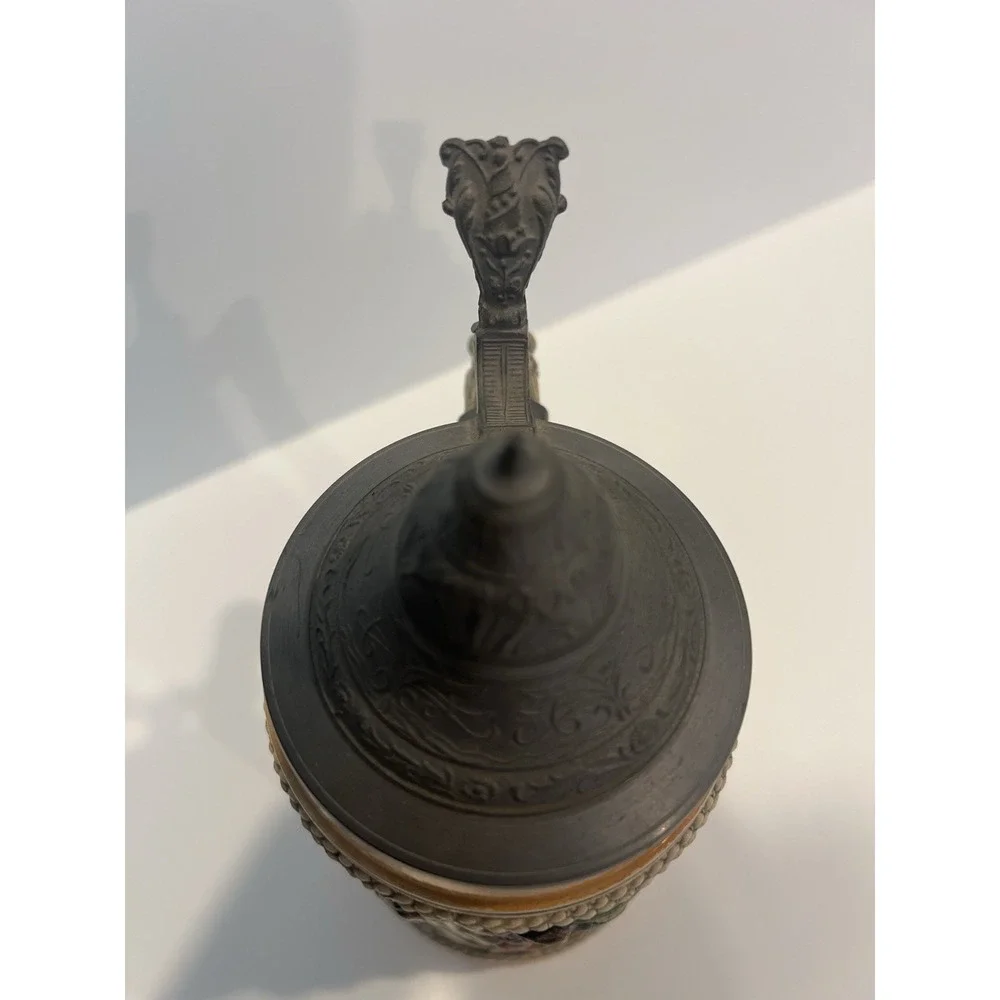 Vintage German Lidded Stein with Tavern Scene,‎ Ornate Handle & Lid, Breweriana